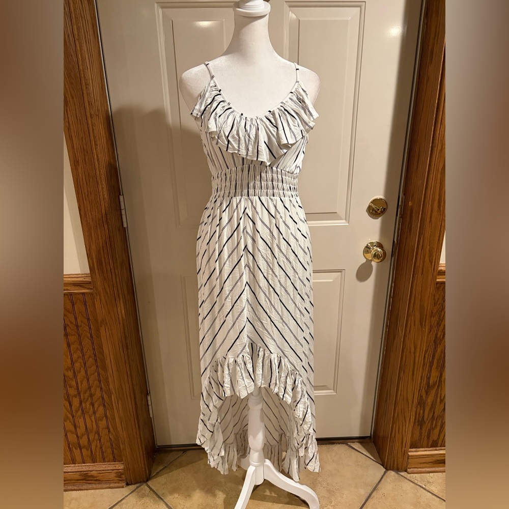 Express White Black Striped Ruffle Hi-Low Maxi Dress XS